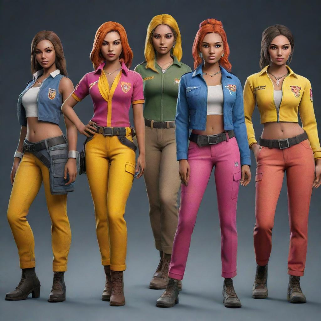 Generate an image of a 'Lion Guild Girls' team from the Free Fire game. This includes characters in colorful, distinctive gear representative of the game, identifying themselves as the 'Lion Guild.' Set within a vibrant and intense gaming environment.