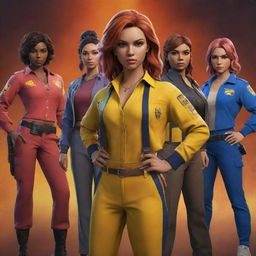 Generate an image of a 'Lion Guild Girls' team from the Free Fire game. This includes characters in colorful, distinctive gear representative of the game, identifying themselves as the 'Lion Guild.' Set within a vibrant and intense gaming environment.