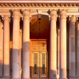 Elegant neoclassical building entrance, featuring Ionic columns, elaborate friezes, and imposing bronze doors, bathed in warm, golden-hour light.