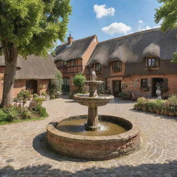 A picturesque, traditional village with cobblestone streets, red-brick houses with thatched roofs, a town square with an ornate fountain, rustic shops and lush green meadows surrounding it under a bright midday sun