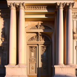 Elegant neoclassical building entrance, featuring Ionic columns, elaborate friezes, and imposing bronze doors, bathed in warm, golden-hour light.