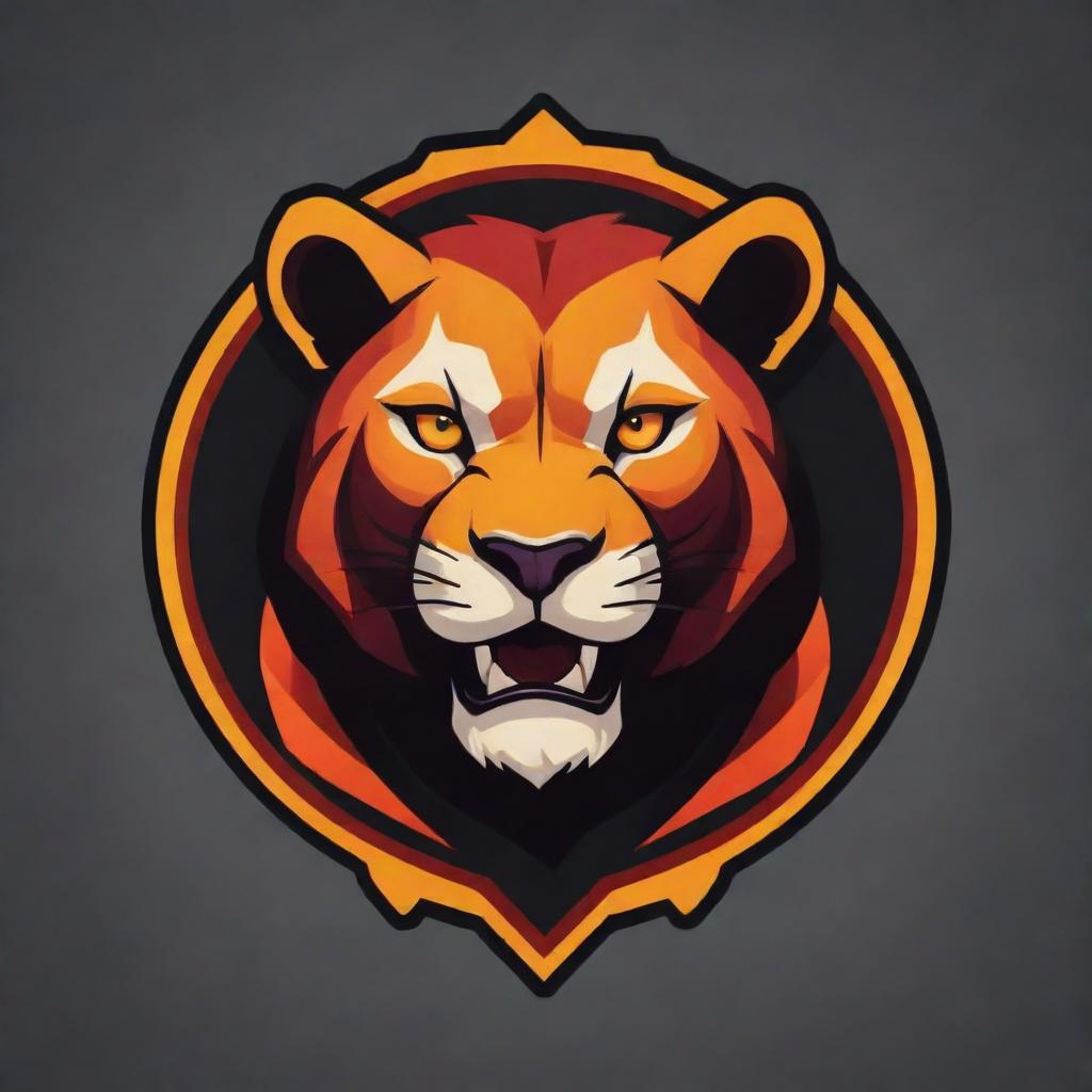 Create a logo for a 'Lioness Guild' of attackers in the Free Fire game. The design should incorporate a fierce lioness, fiery graphics, and elements capturing the essence of the game. The color scheme includes bold, intense colors.