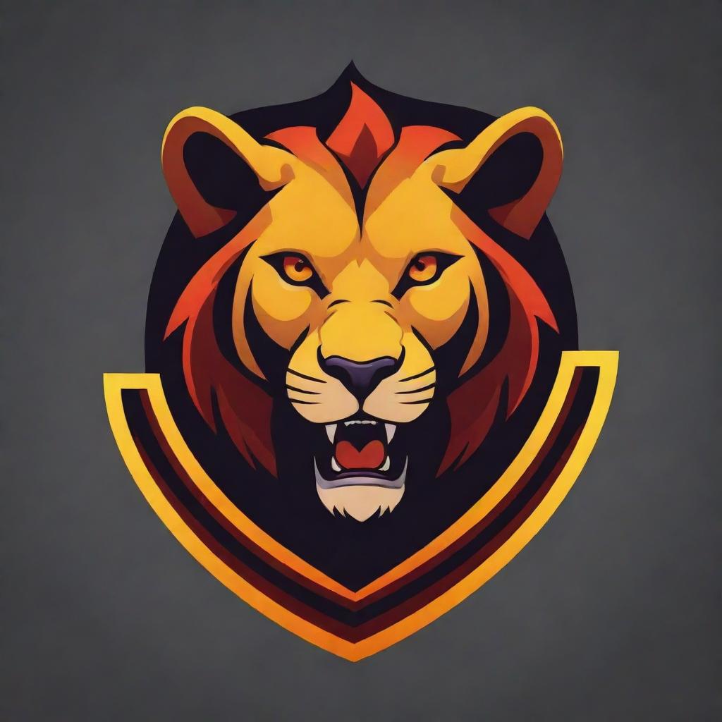 Create a logo for a 'Lioness Guild' of attackers in the Free Fire game. The design should incorporate a fierce lioness, fiery graphics, and elements capturing the essence of the game. The color scheme includes bold, intense colors.