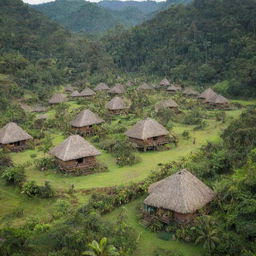 An authentic, traditional village in Papua New Guinea, complete with thatched huts, villagers in traditional attire, colorful tribal decorations, amidst lush tropical vegetation