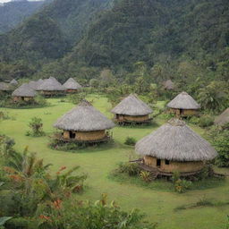 An authentic, traditional village in Papua New Guinea, complete with thatched huts, villagers in traditional attire, colorful tribal decorations, amidst lush tropical vegetation