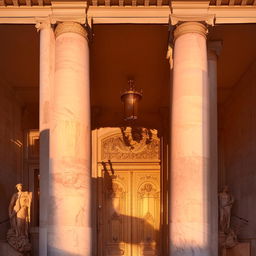 Elegant neoclassical building entrance, featuring Ionic columns, elaborate friezes, and imposing bronze doors, bathed in warm, golden-hour light.