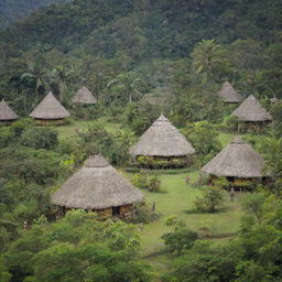 An authentic, traditional village in Papua New Guinea, complete with thatched huts, villagers in traditional attire, colorful tribal decorations, amidst lush tropical vegetation