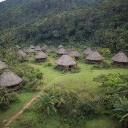 An authentic, traditional village in Papua New Guinea, complete with thatched huts, villagers in traditional attire, colorful tribal decorations, amidst lush tropical vegetation