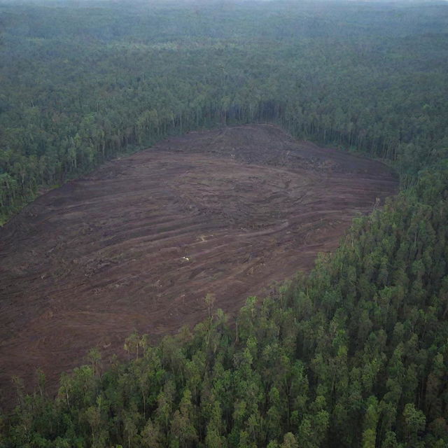 An expansive forest being deforested to make way for a large coal mining operation, expressing a sense of environmental destruction.