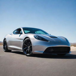 A sleek, modern sports car with glossy metallic finish under a clear sky.