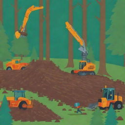Colorful cartoon animation of a forest being cut down, with trees falling and machinery involved, invoking a sense of environmental concern.