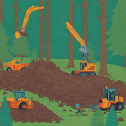 Colorful cartoon animation of a forest being cut down, with trees falling and machinery involved, invoking a sense of environmental concern.