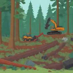 Colorful cartoon animation of a forest being cut down, with trees falling and machinery involved, invoking a sense of environmental concern.