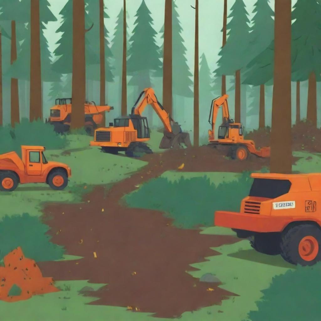 Colorful cartoon animation of a forest being cut down, with trees falling and machinery involved, invoking a sense of environmental concern.