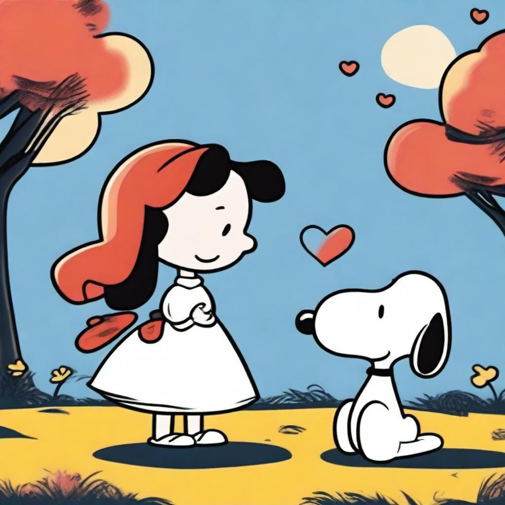 Una imagen de arte digital llena de encanto que presenta a Snoopy y a su novia, Belle