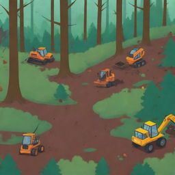 Colorful cartoon animation of a forest being cut down, with trees falling and machinery involved, invoking a sense of environmental concern.