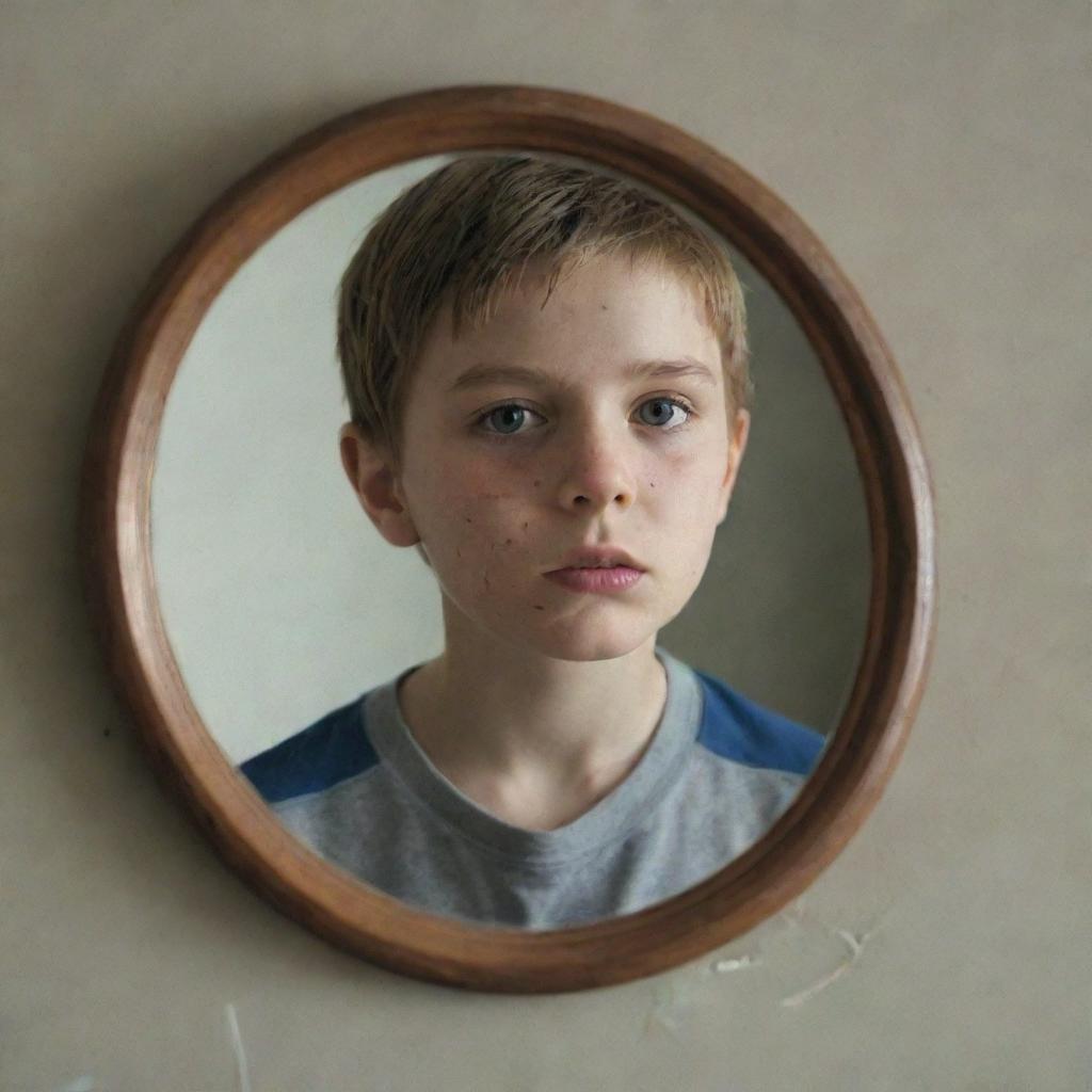 A broken mirror reflecting the image of a young boy