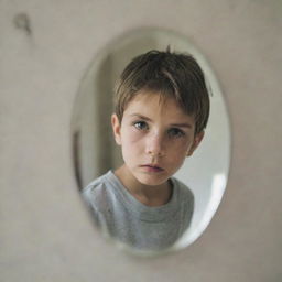 A broken mirror reflecting the image of a young boy