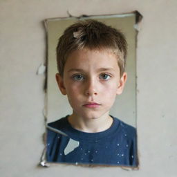 A broken mirror reflecting the image of a young boy