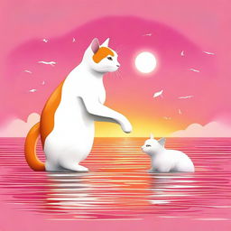 Una imagen de arte digital que presenta una escena encantadora de un gato naranja y blanco abrazando cariñosamente a un caballito de mar rosado