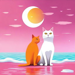 Una imagen de arte digital que presenta una escena encantadora de un gato naranja y blanco abrazando cariñosamente a un caballito de mar rosado