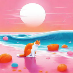 Una imagen de arte digital que presenta una escena encantadora de un gato naranja y blanco abrazando cariñosamente a un caballito de mar rosado