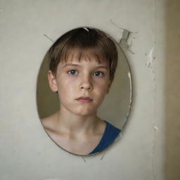 A broken mirror reflecting the image of a young boy