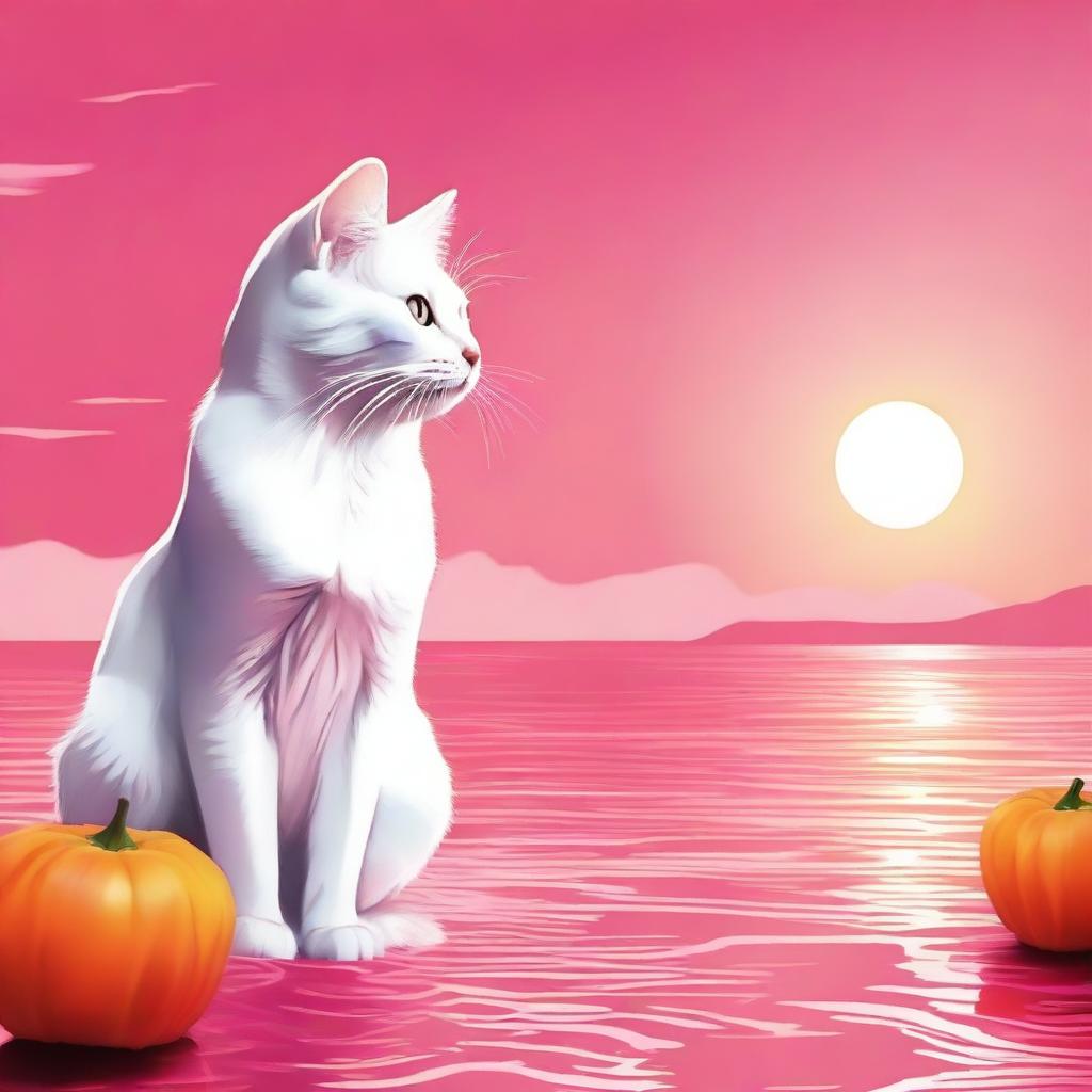 Una imagen de arte digital que presenta una escena encantadora de un gato naranja y blanco abrazando cariñosamente a un caballito de mar rosado