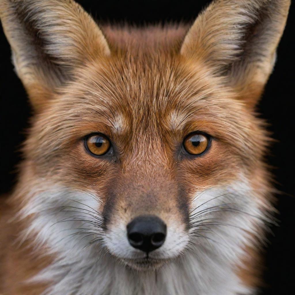 A highly detailed, sharp image of a fox face exemplifying its features, set against a plain black background.