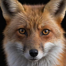 A highly detailed, sharp image of a fox face exemplifying its features, set against a plain black background.