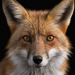 A highly detailed, sharp image of a fox face exemplifying its features, set against a plain black background.