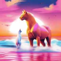 Una imagen de arte digital que presenta una escena encantadora de un gato naranja y blanco abrazando cariñosamente a un caballo de mar rosado