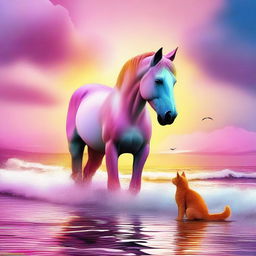 Una imagen de arte digital que presenta una escena encantadora de un gato naranja y blanco abrazando cariñosamente a un caballo de mar rosado