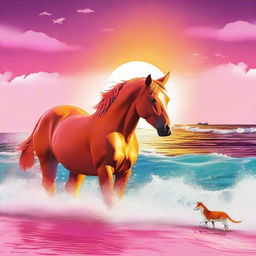 Una imagen de arte digital que presenta una escena encantadora de un gato naranja y blanco abrazando cariñosamente a un caballo de mar rosado