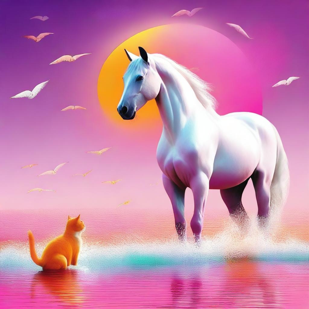 Una imagen de arte digital que presenta una escena encantadora de un gato naranja y blanco abrazando cariñosamente a un caballo de mar rosado