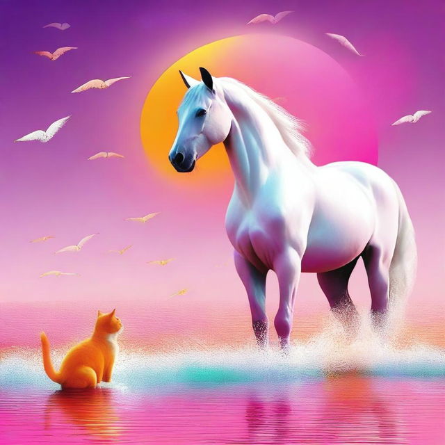 Una imagen de arte digital que presenta una escena encantadora de un gato naranja y blanco abrazando cariñosamente a un caballo de mar rosado