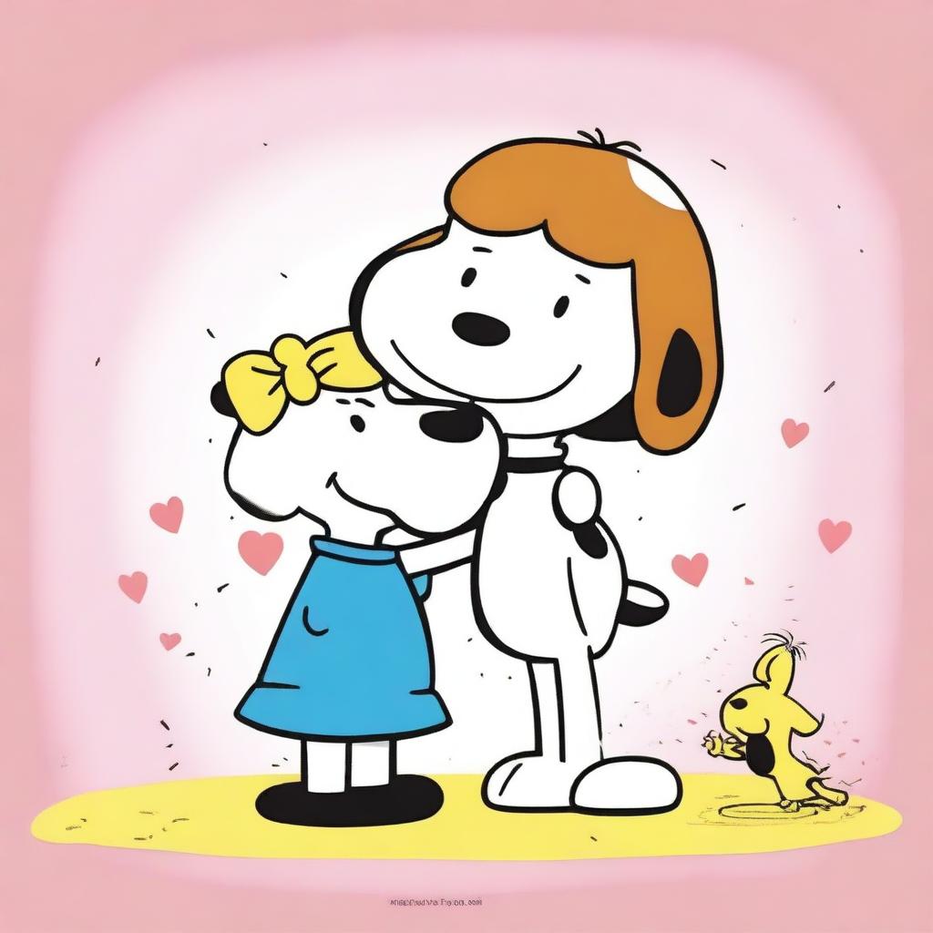 Una imagen digital de alta calidad que representa a Snoopy, el famoso beagle de los cómics, abrazando a su novia, Belle