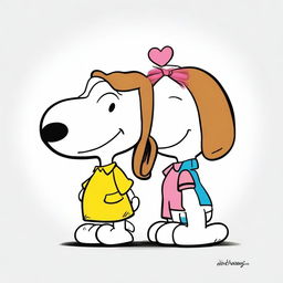 Una imagen digital de alta calidad que representa a Snoopy, el famoso beagle de los cómics, abrazando a su novia, Belle