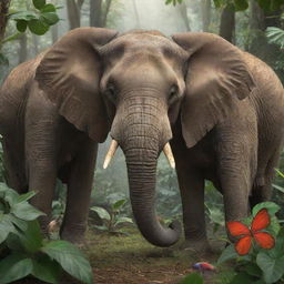 An elephant and an ant cut in half in a whimsical, friendly interaction in a vibrant jungle setting.