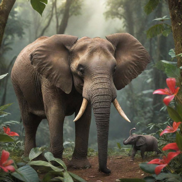 An elephant and an ant cut in half in a whimsical, friendly interaction in a vibrant jungle setting.