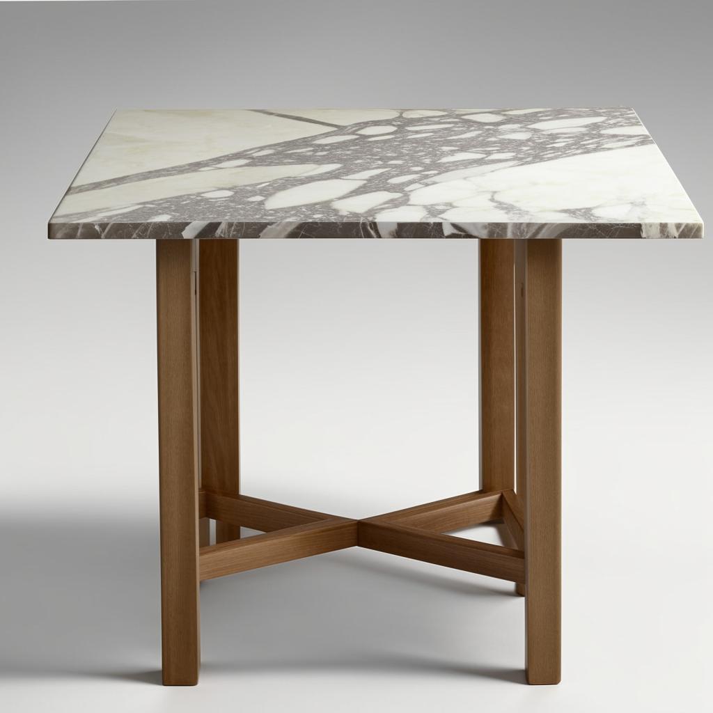 Elegant square dining table, wooden structure with a marble tabletop, dimensions 60x60 cm, height 75 cm.