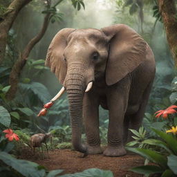 An elephant and an ant cut in half in a whimsical, friendly interaction in a vibrant jungle setting.