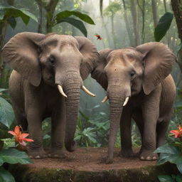 An elephant and an ant cut in half in a whimsical, friendly interaction in a vibrant jungle setting.