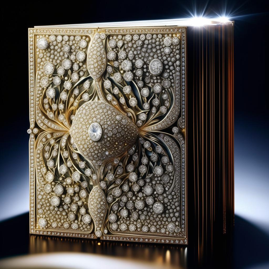 A luxurious book with pages and cover made entirely of sparkling diamonds, reflecting light, intricate details