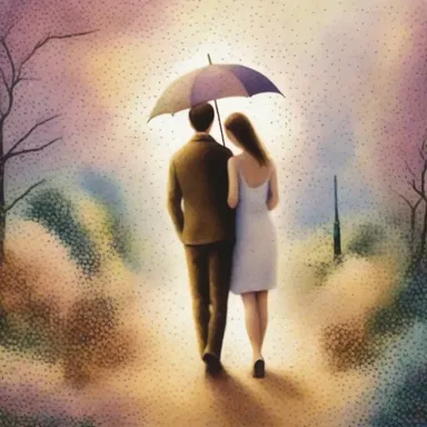 The pointillist style of painting adds a romantic and dreamy atmosphere to the artwork.