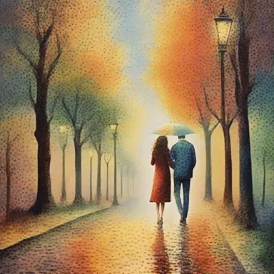 The pointillist style of painting adds a romantic and dreamy atmosphere to the artwork.