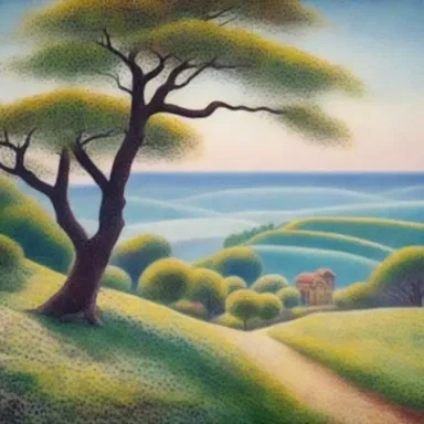 The pointillist painter's romantic interpretation of a serene landscape captured the viewers' hearts.