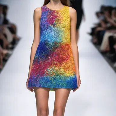 The pointillist dress showcased a stunning design with tiny dots of vibrant colors, creating a unique fashion statement.