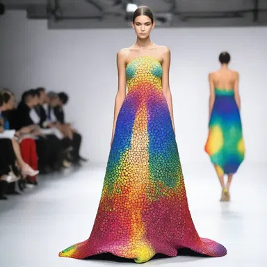 The pointillist dress showcased a stunning design with tiny dots of vibrant colors, creating a unique fashion statement.