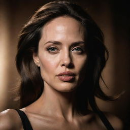 Create a portrait of Angelina Jolie with dramatic lighting and an elegant background